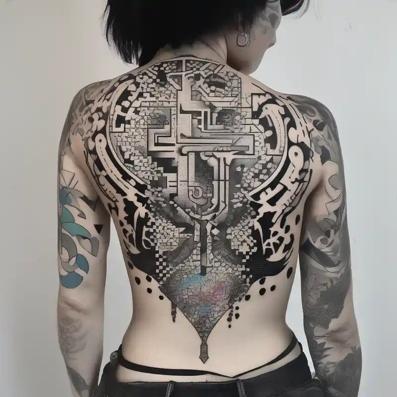 Puzzle piece neck tattoo where one of the pieces says Rella half sleeve tattoo designs for men